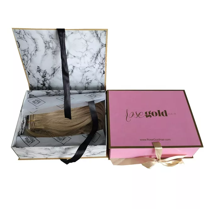 Private label luxury cardboard ribbon black marble gift box custom hair packaging box