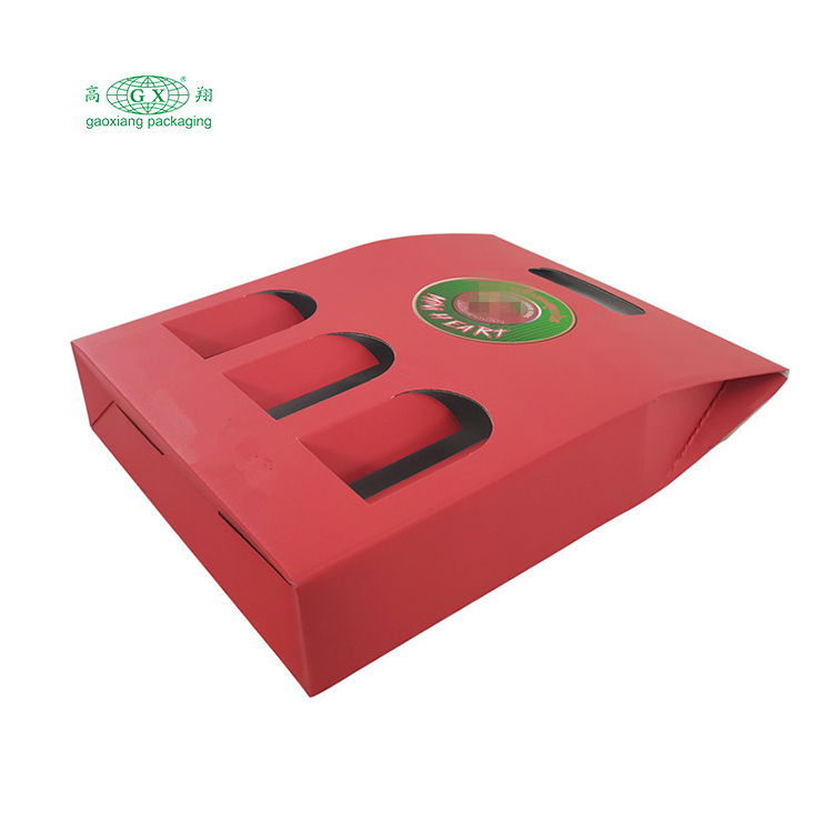 Wholesale custom printed foldable corrugated wine boxes 3-bottle paper bottle packaging box with window