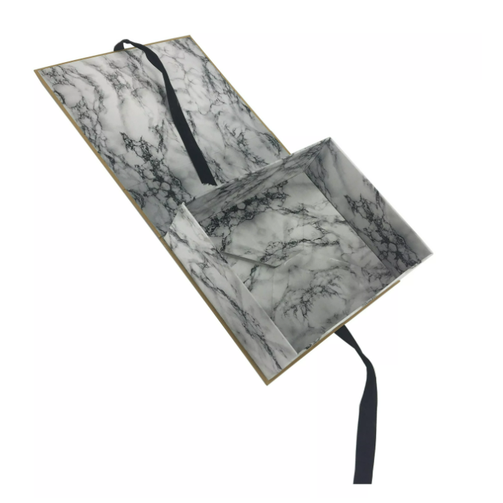 Private label luxury cardboard ribbon black marble gift box custom hair packaging box