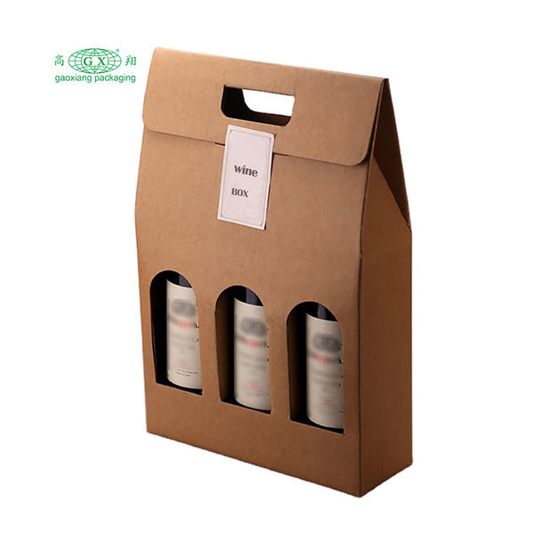 Wholesale custom printed foldable corrugated wine boxes 3-bottle paper bottle packaging box with window