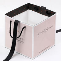Custom logo printing luxury square pink fashion shopping retail gift paper bags with ribbon handle