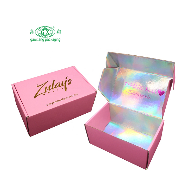 Custom print personalised brand ecommerce corrugated paper boxes small pink holographic shipping mailer packaging box with logo