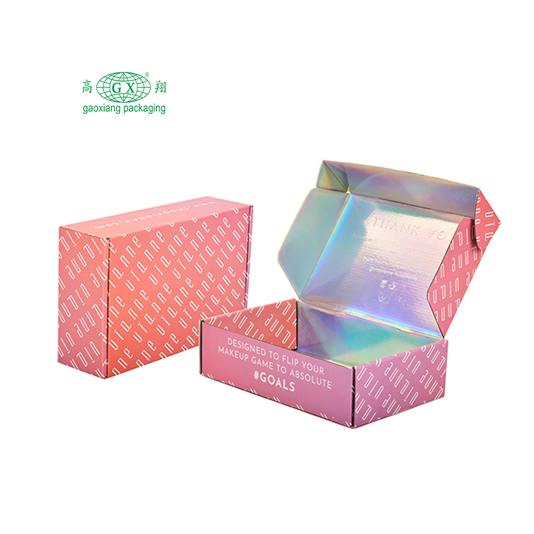 Custom print personalised brand ecommerce corrugated paper boxes small pink holographic shipping mailer packaging box with logo