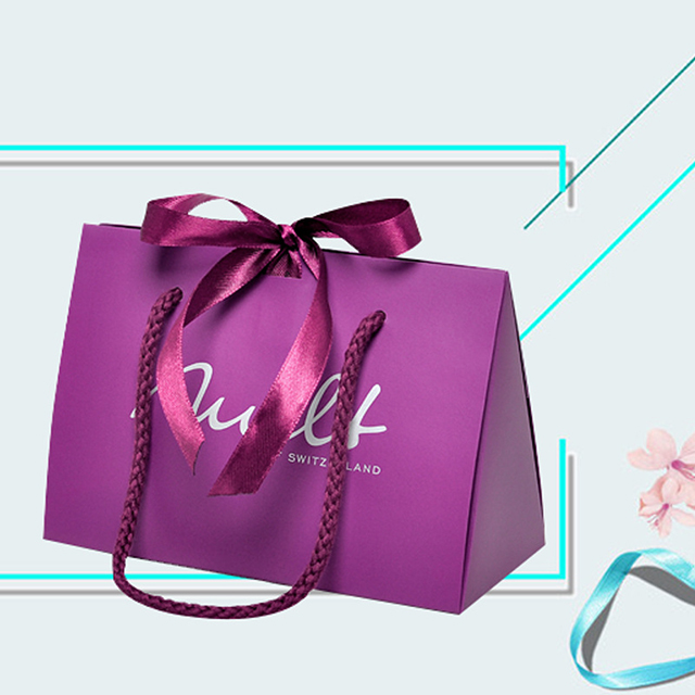 Luxury custom printed purple full logo printed cardboard paper pouch bag with ribbon bowknot handle for gifts shopping boxes